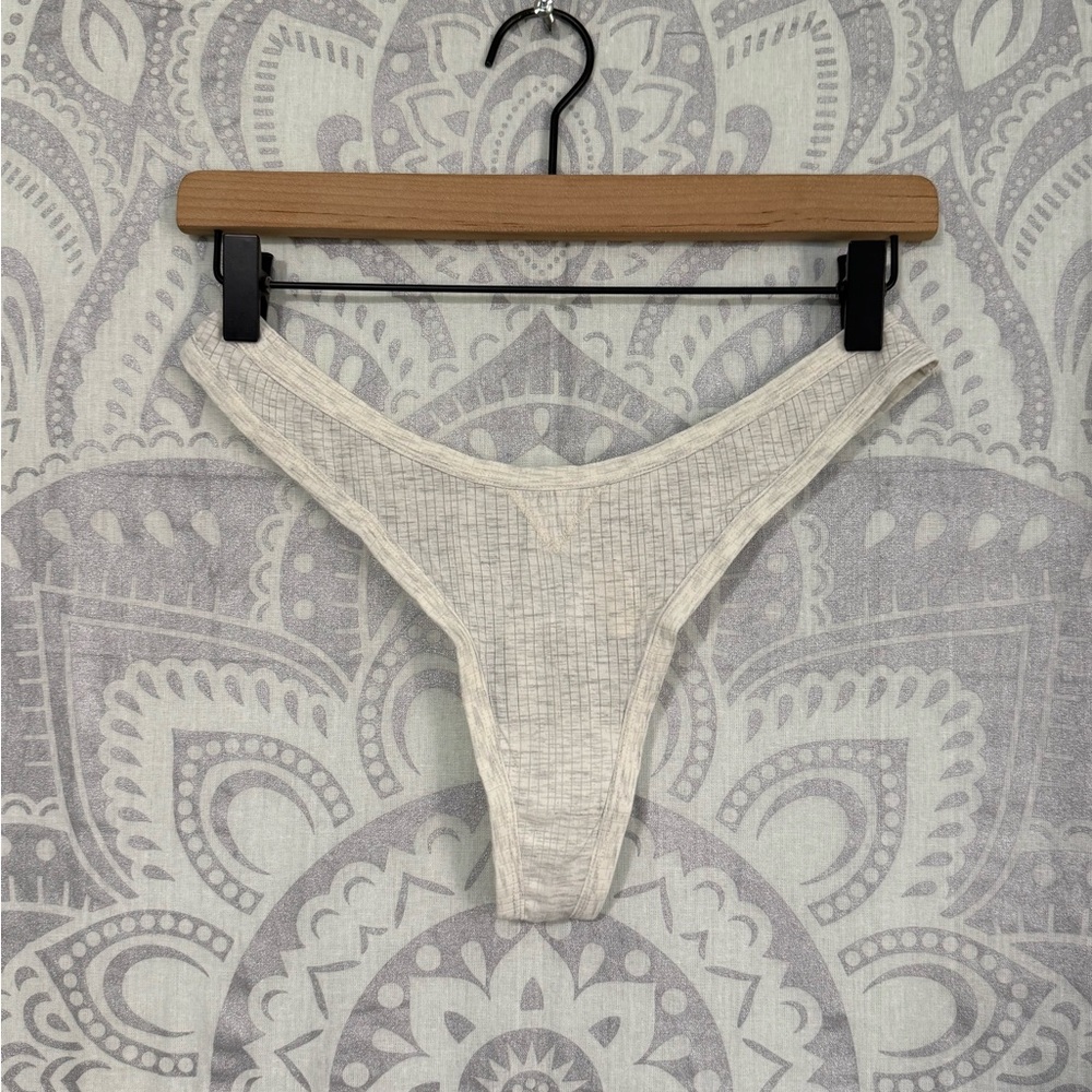 Nwt $10 Aerie American Eagle Real Superchill Modal Rib Thong Panty Light Grey L